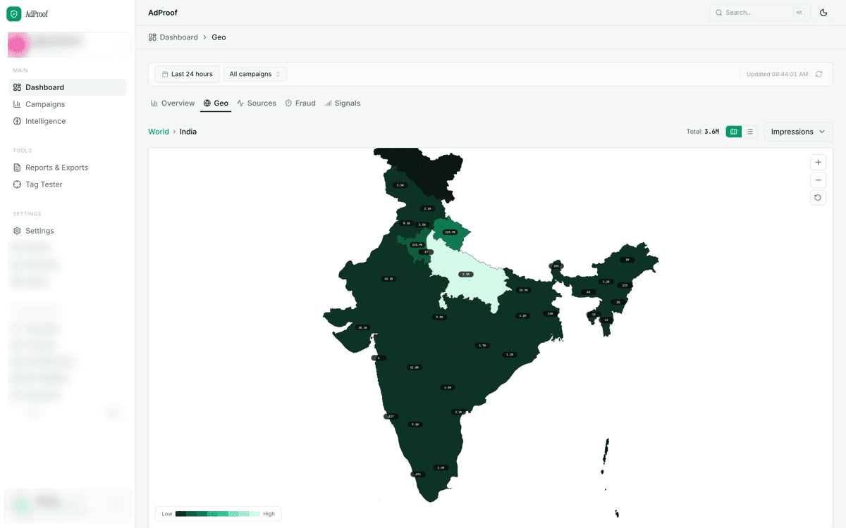 Geo dashboard drilled down to states, with impressions, clicks, and video completes.